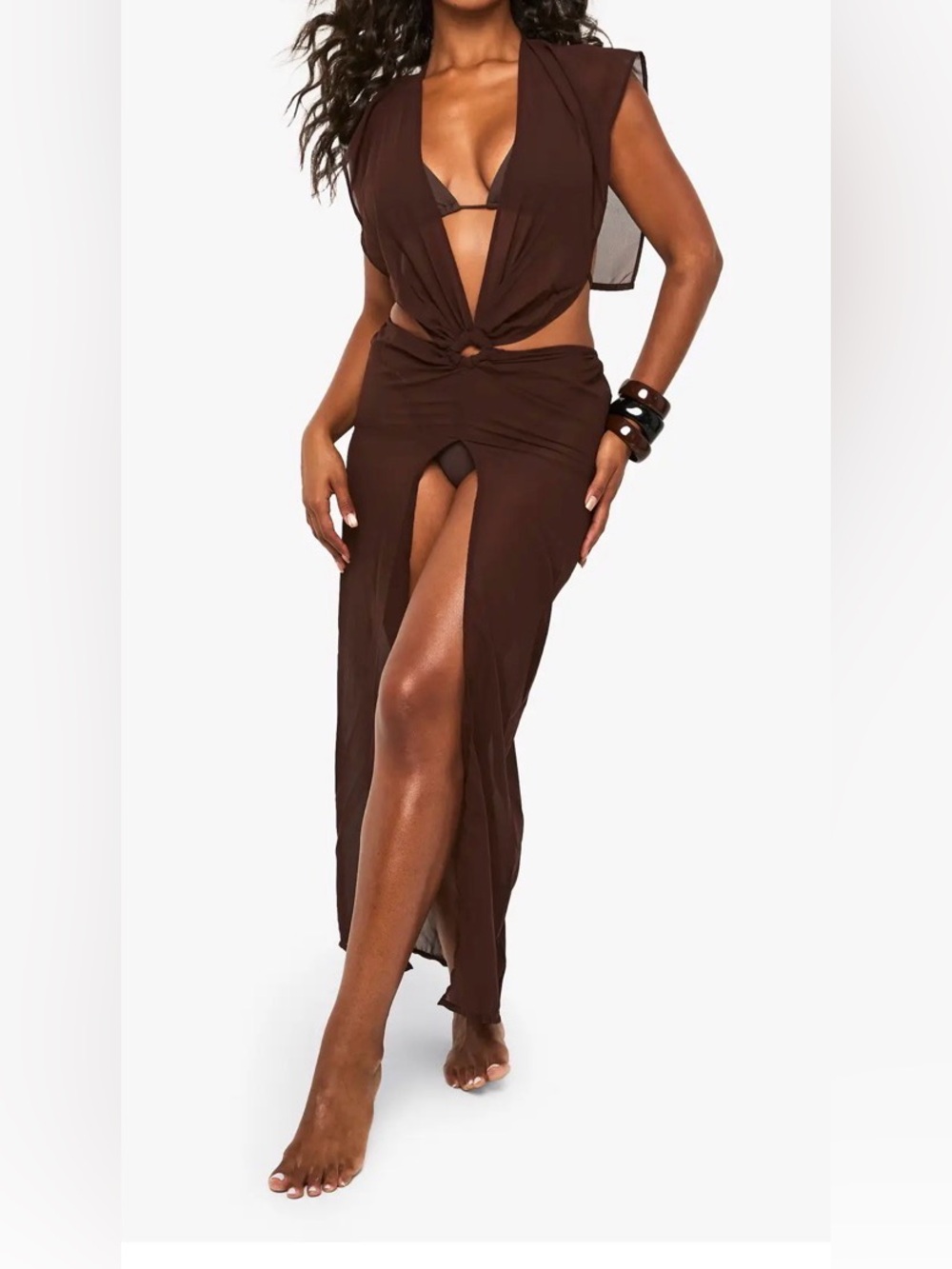 Boohoo Dark Brown Sheer Maxi Dress with Front Slit